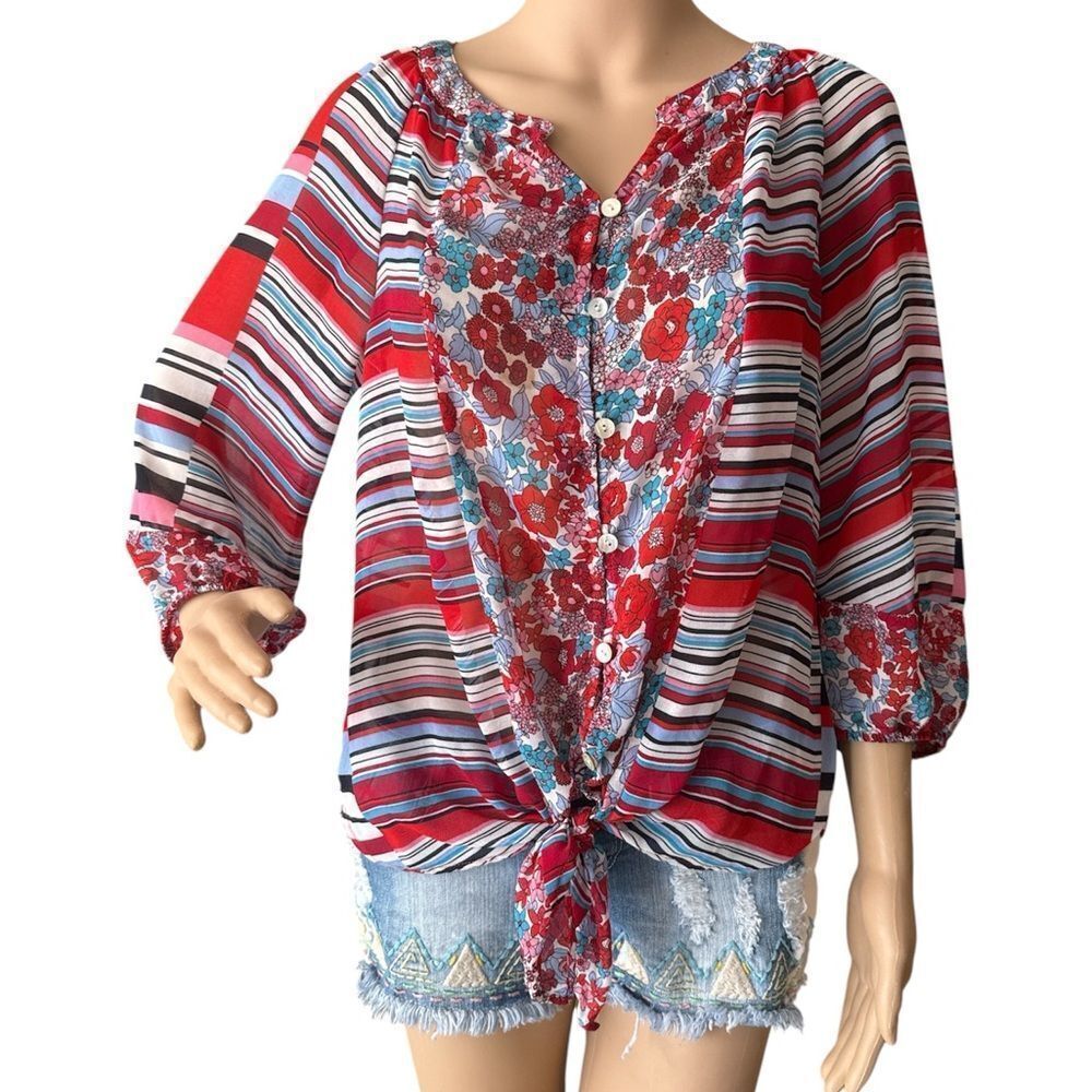 floral red blue white pink print striped sheer fabric,
buttons and a tie waist.